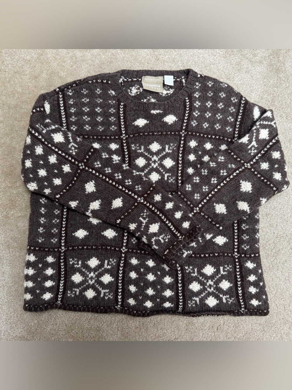 Vintage Liz Claiborne Sz S Brown and Cream Fair Isle Crewneck Wool Sweater